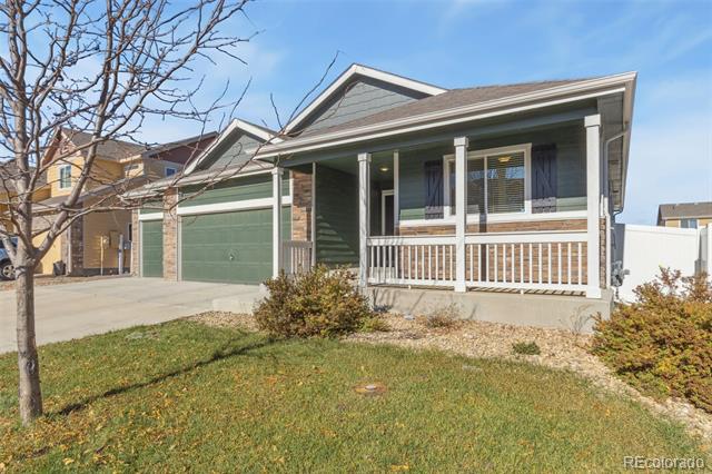 Green single-story house with a two-car garage, covered porch, and leafless tree beside the driveway.