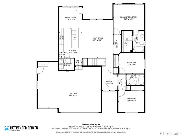 Floor plan showing three bedrooms, kitchen, living room, laundry, foyer, and garage.