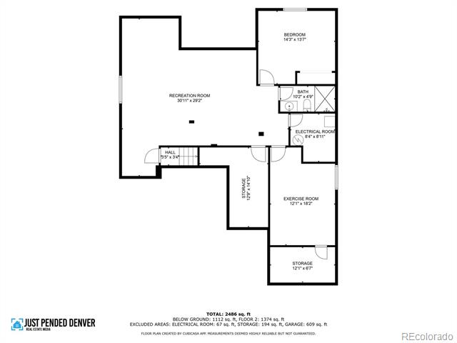 Floor plan showing a large recreation room, bedroom, bath, exercise room, and storage areas.