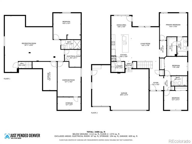 Two-level floor plan with a recreation room downstairs and living areas, bedrooms, and garage upstairs.