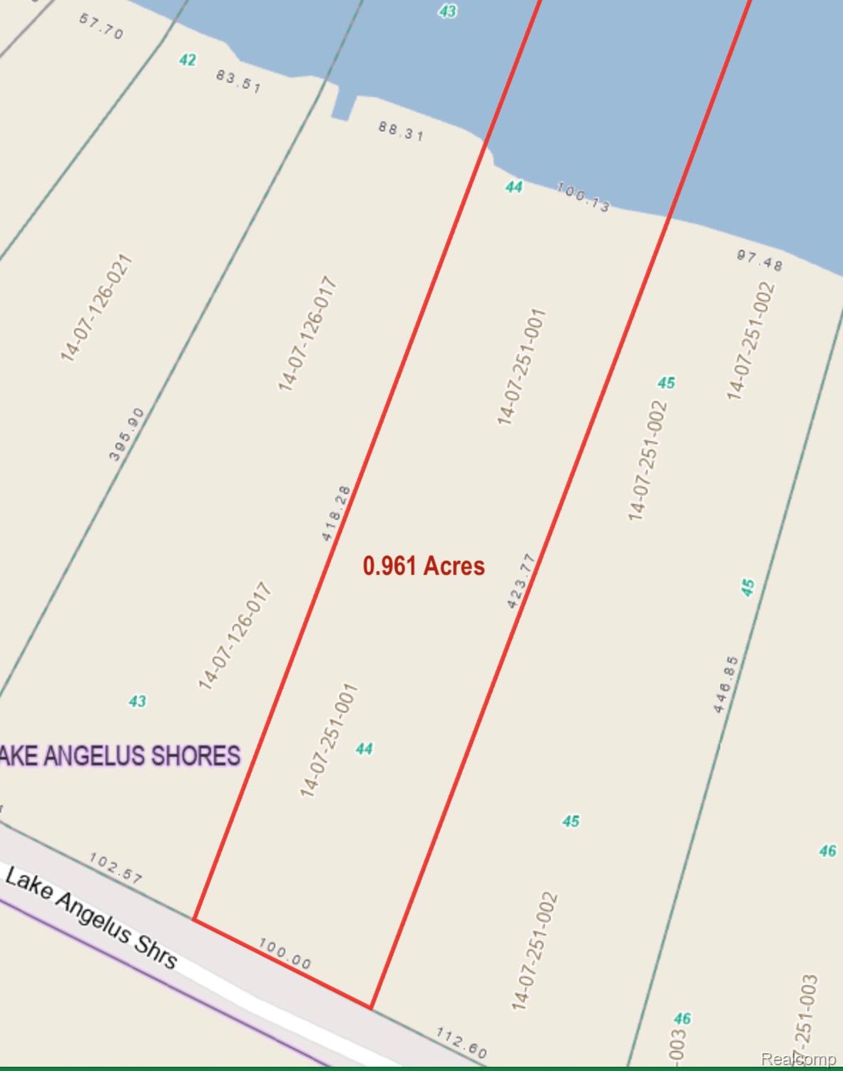 Parcel map highlighting a 0.961-acre Lake Angelus waterfront lot in red.