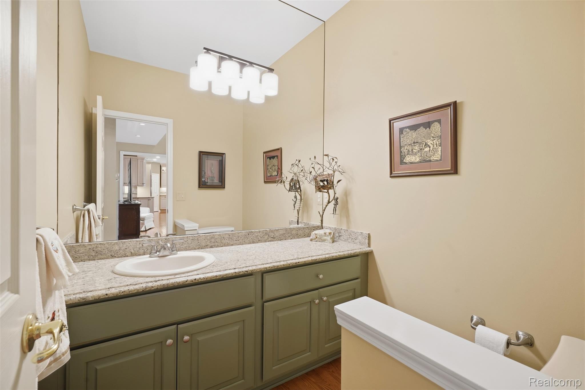 Bathroom with an olive-green vanity, granite countertop, oval sink, and large mirror.