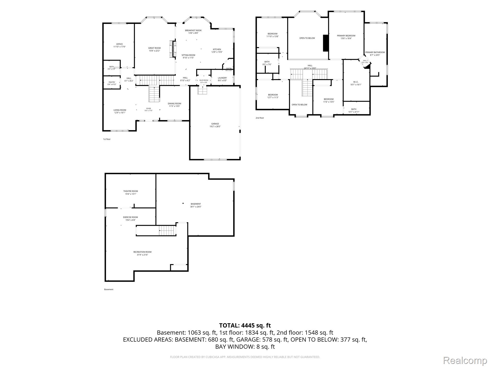 Three-level floor plan with room labels and total area of 4,445 square feet.