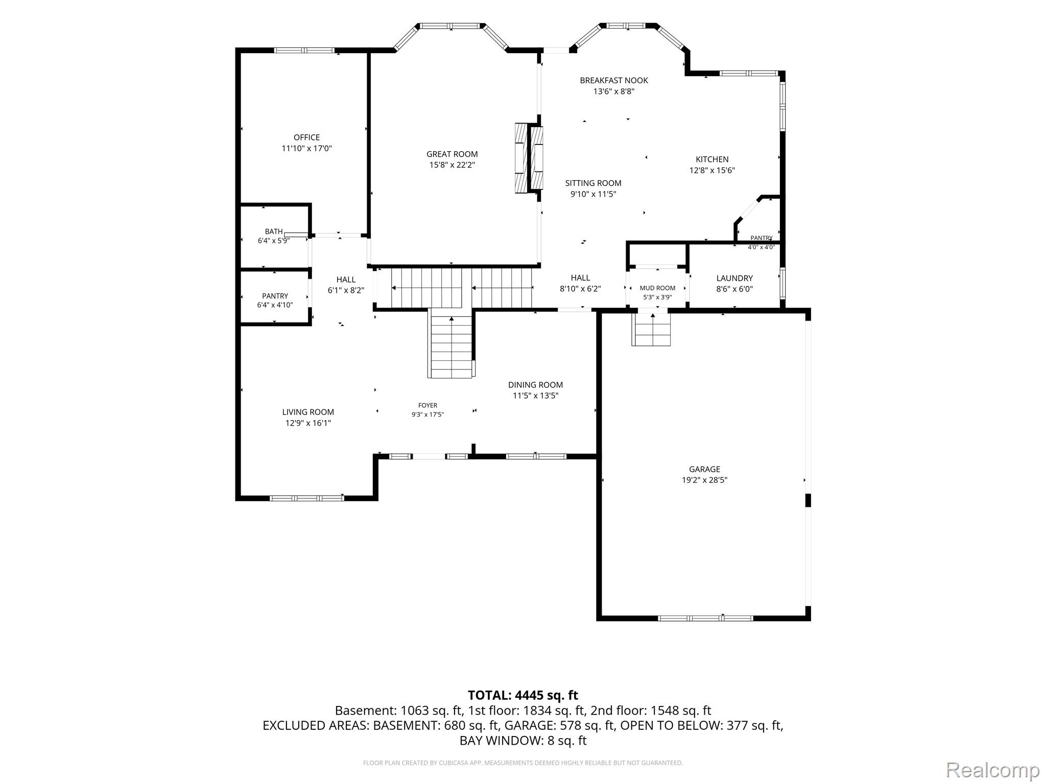 Floor plan showing the home’s rooms, garage, dimensions, and total area of 4,445 square feet.