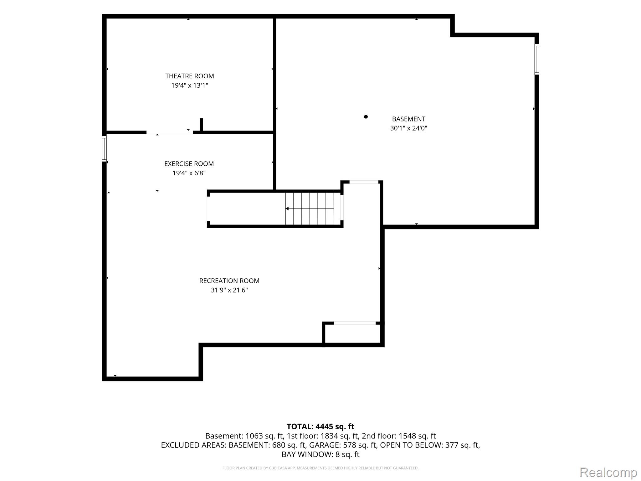 Floor plan showing theatre, exercise, recreation, and basement rooms with dimensions.