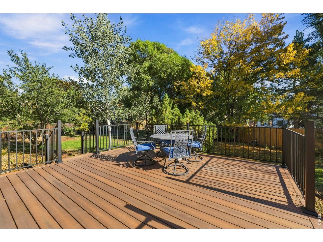 Wooden deck with black railings and outdoor dining furniture beneath mature autumn trees.