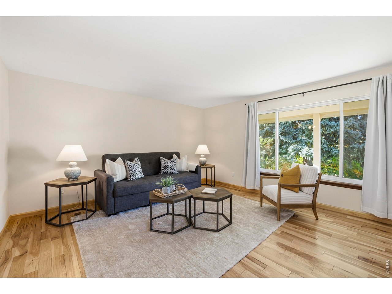 Staged living room with a dark sofa, hardwood floors, and a large window overlooking evergreen trees.
