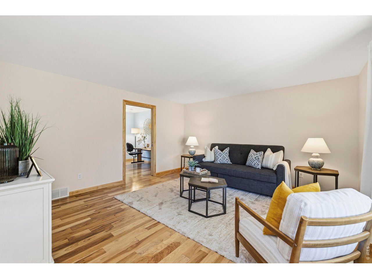 Staged living room with dark sofa, hardwood floors, light rug, and doorway to another room.