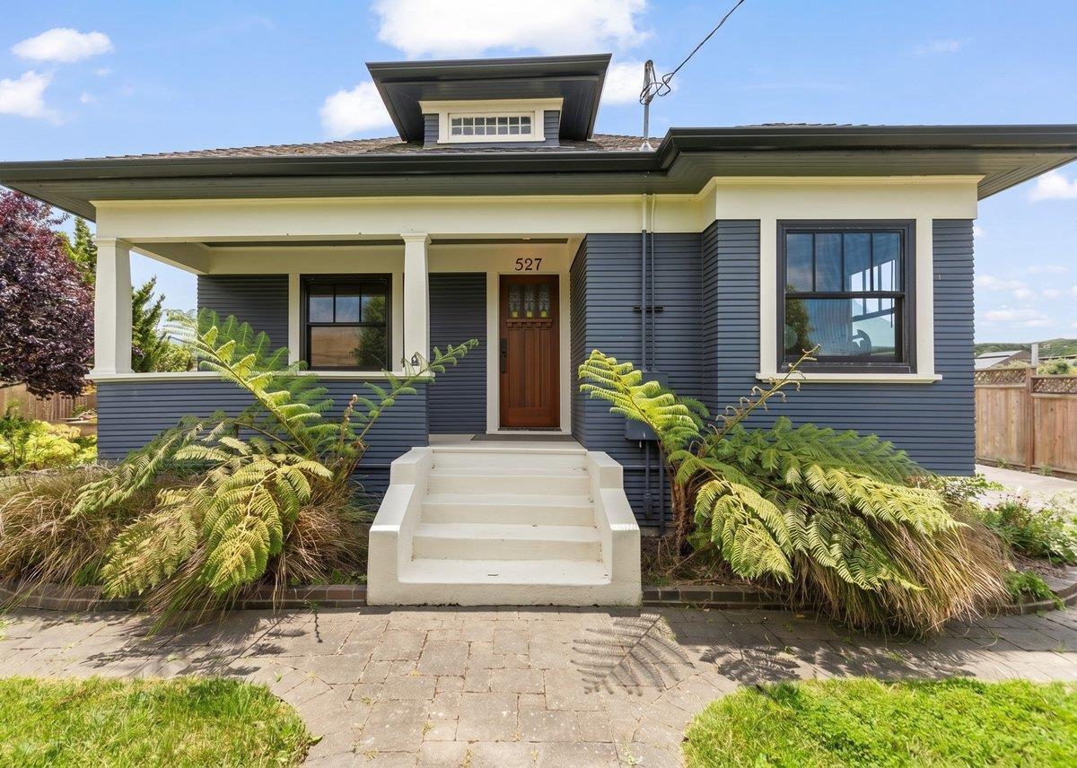 House at 527 North Street with dark siding, white porch steps, and lush ferns.