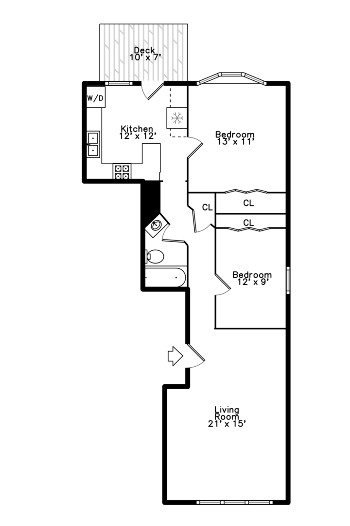 Two-bedroom apartment floor plan with kitchen, living room, bathroom, closets, and a 10-by-7-foot deck.