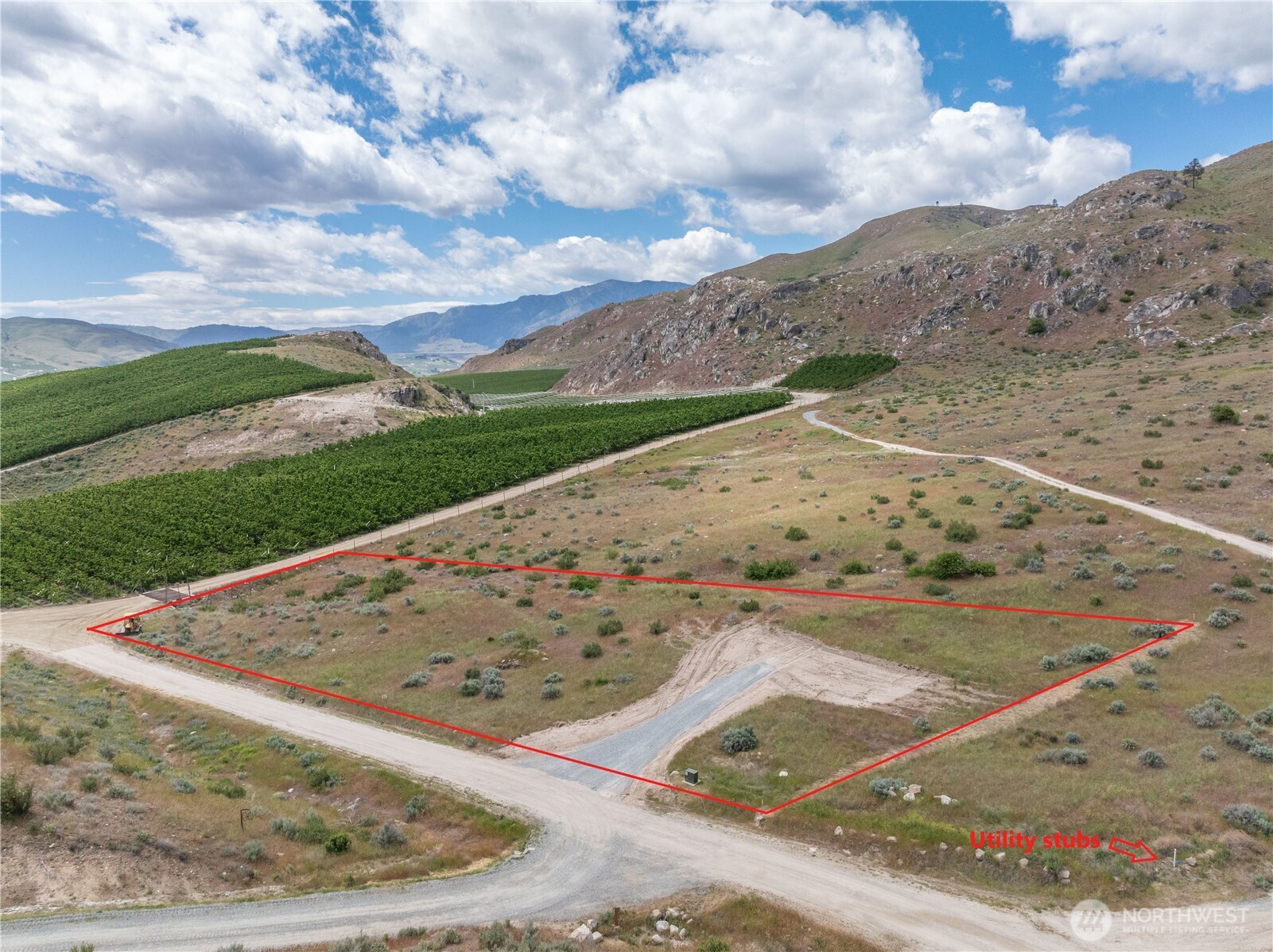 Vacant parcel outlined in red beside a dirt road, with orchard rows and rocky hills beyond.