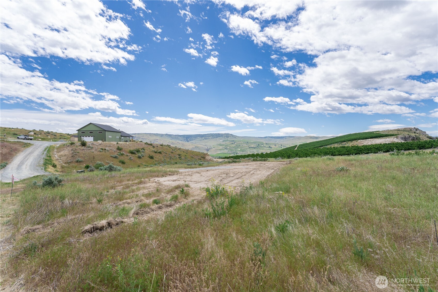 Rural property with grassy acreage, a green outbuilding, vineyard rows, and rolling hills.