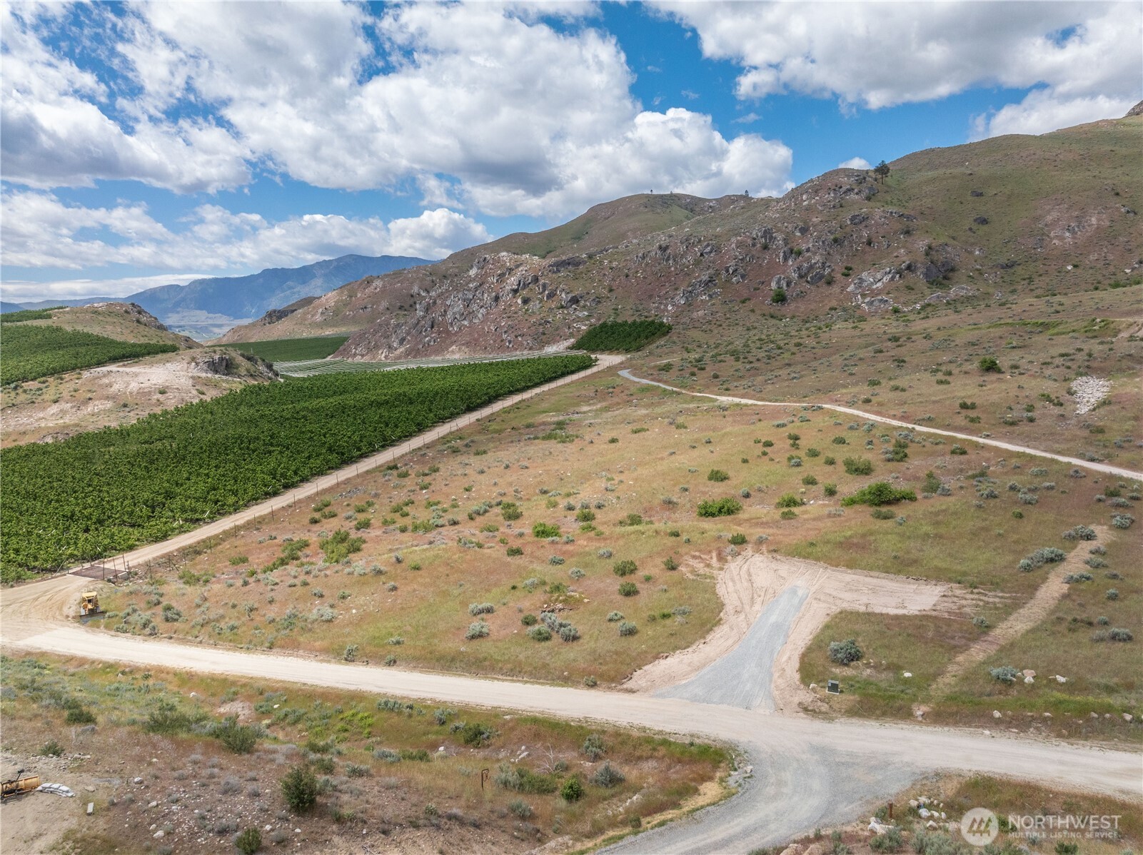 Vacant land with orchard rows, dirt access roads, and rocky hills.