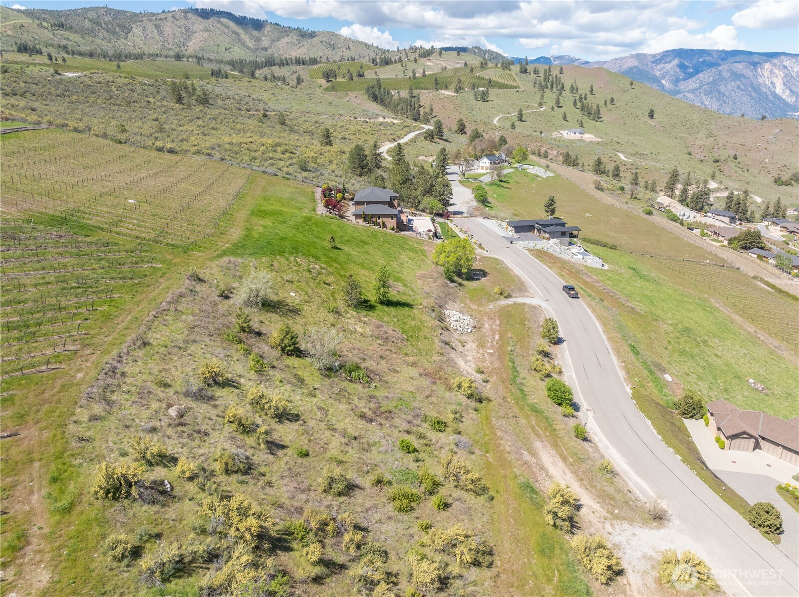 Aerial view of open hillside land beside a winding road, with vineyards and mountains beyond.
