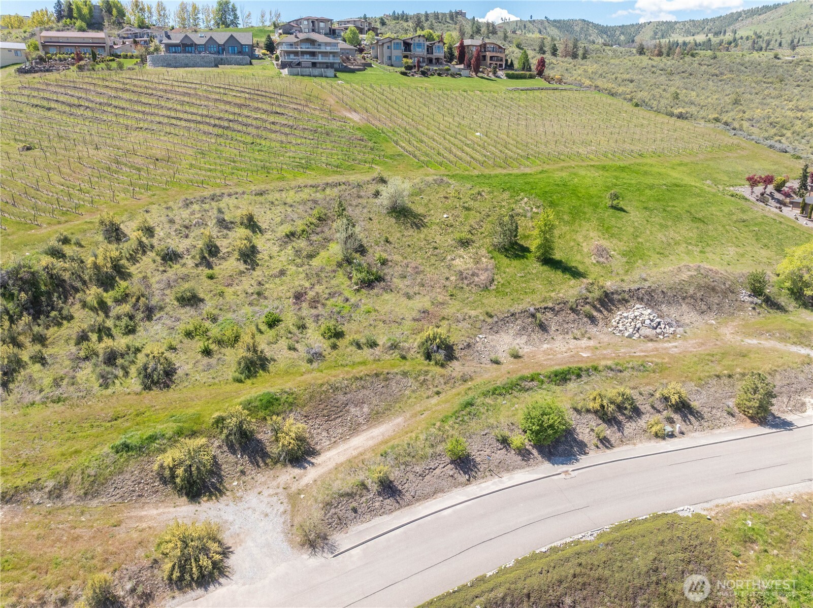 Aerial view of open hillside land below a vineyard, with homes and wooded hills beyond.