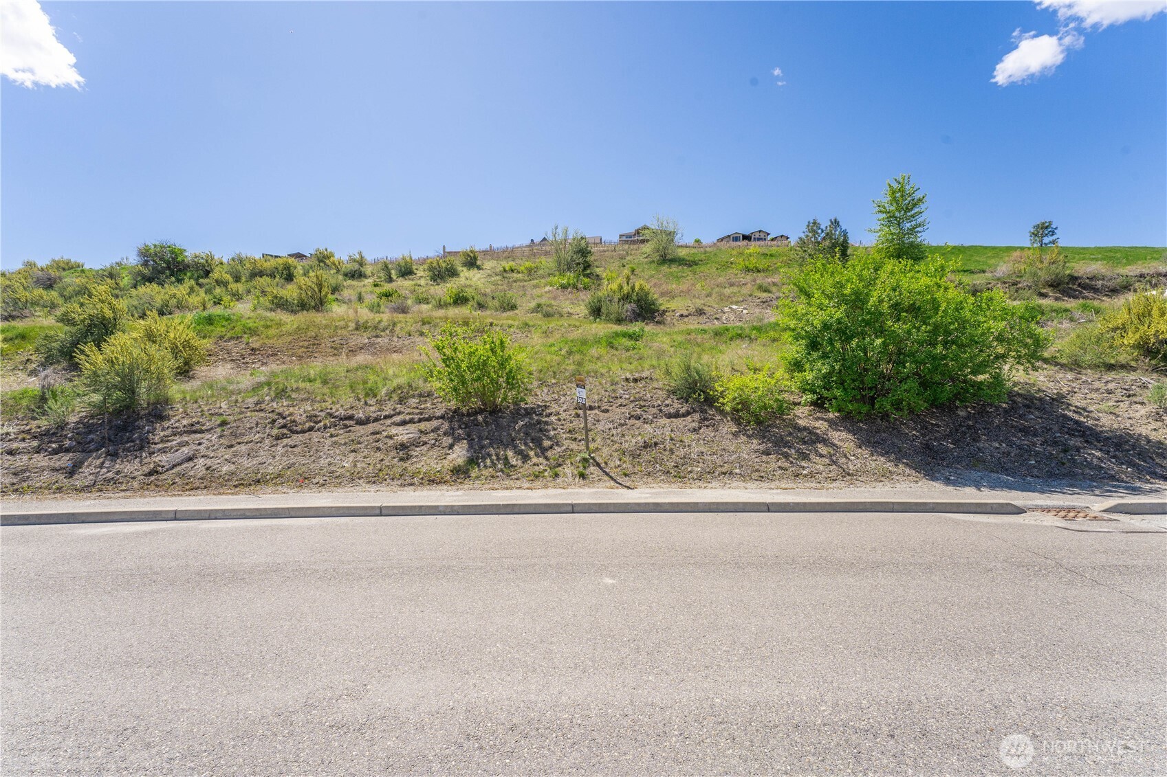 Sloping vacant lot beside a paved street, with shrubs and homes along the distant ridge.