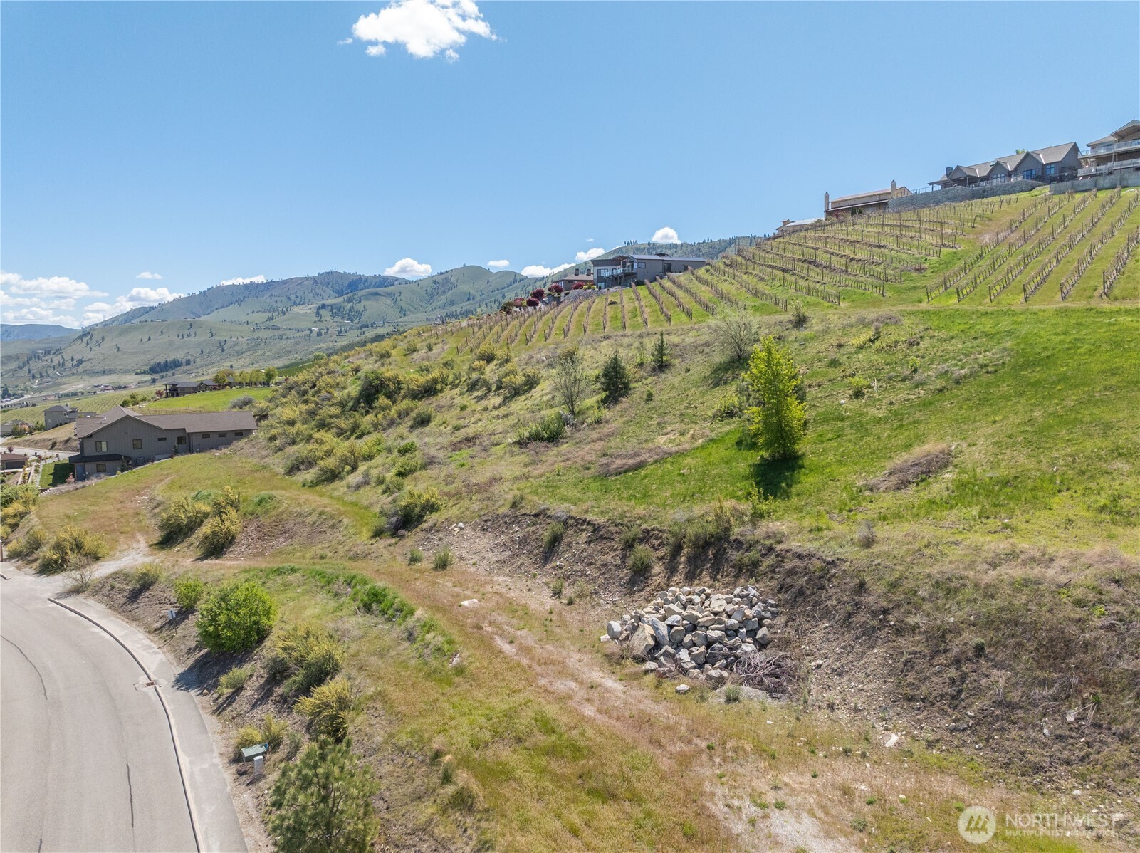 Aerial view of a grassy hillside lot beside vineyard rows, homes, and surrounding mountains.