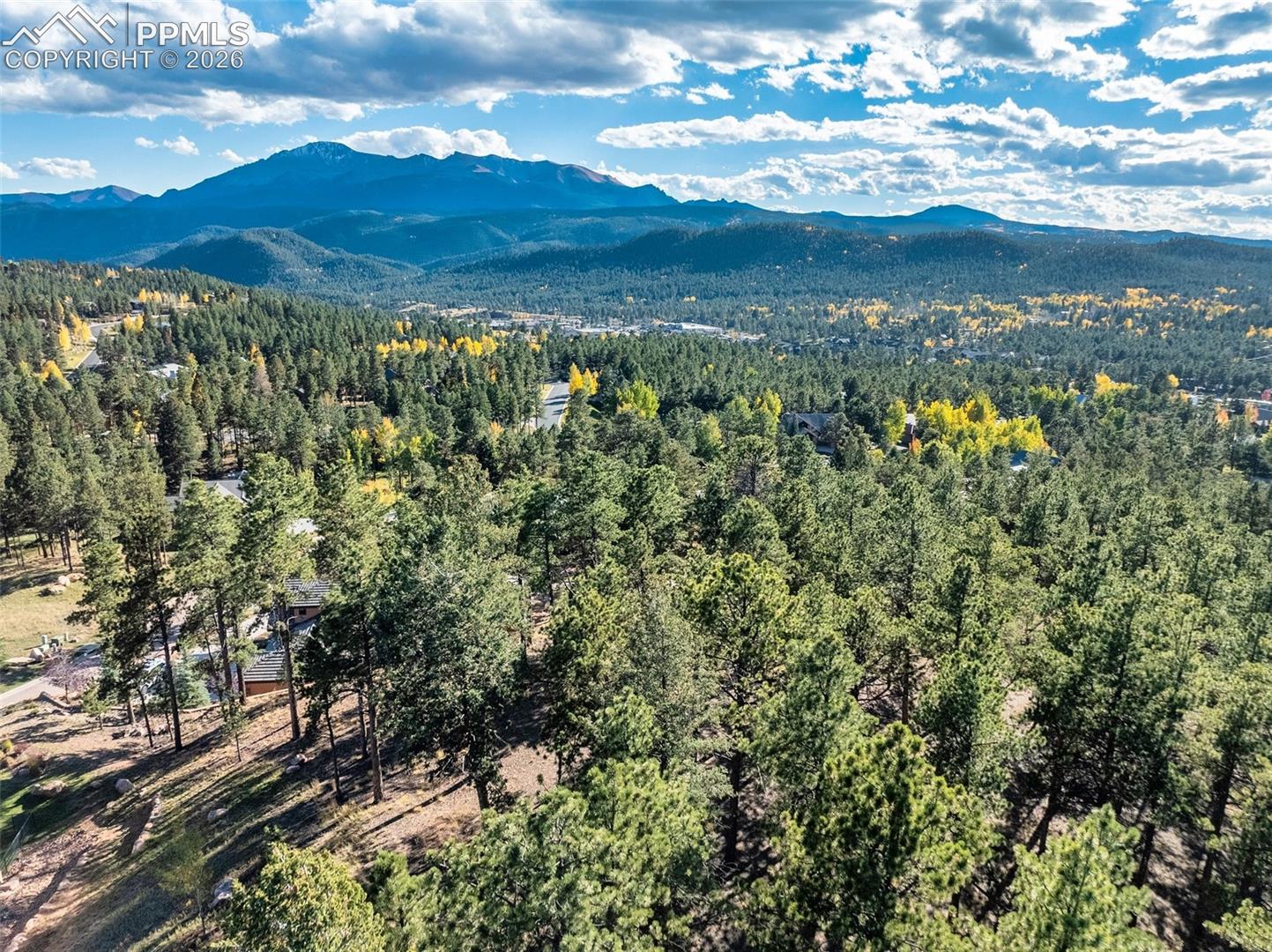 Aerial view over pine-covered homes and roads toward distant mountains, with yellow autumn foliage.