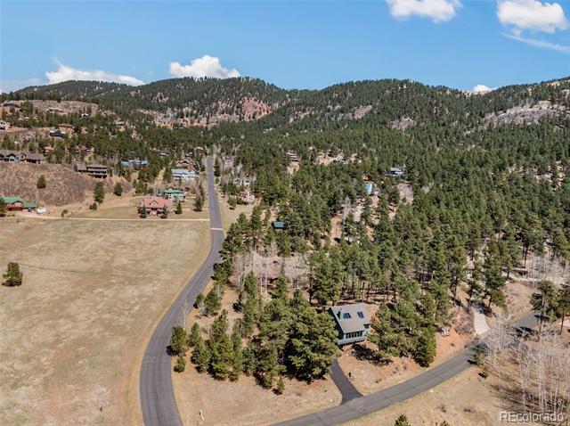 Aerial view of a home among pine trees beside a winding road, with mountains beyond.