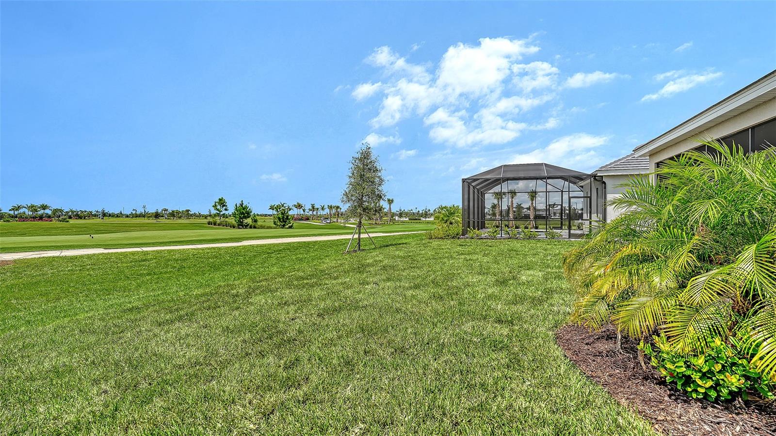 Grassy backyard with a screened lanai and palm landscaping overlooking a golf course.