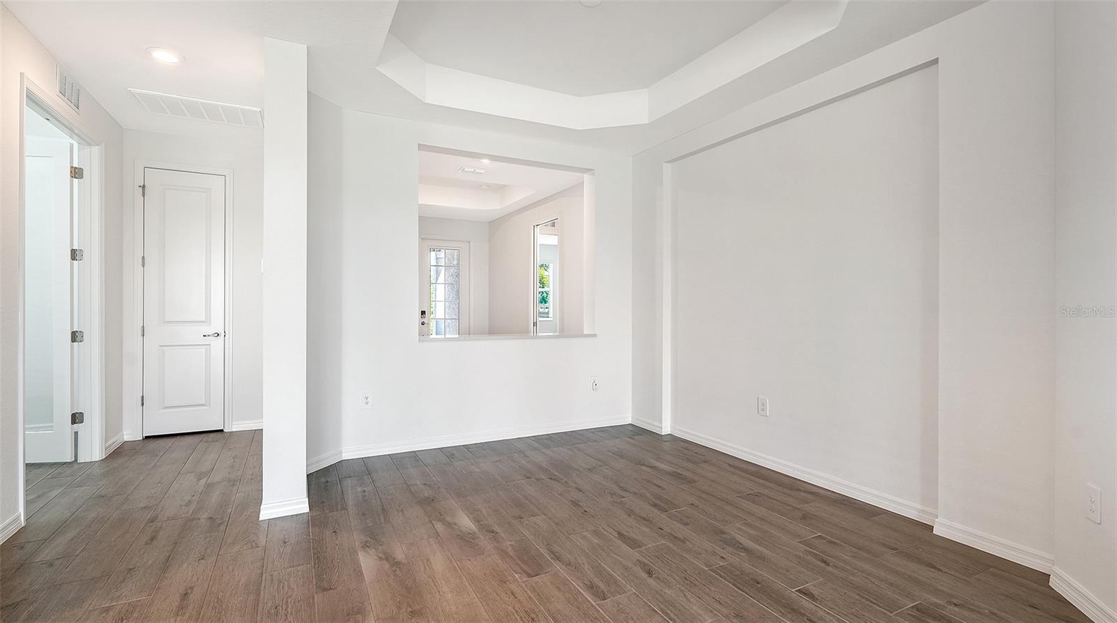 Empty interior room with a tray ceiling, wood-look flooring, and a wide pass-through opening.