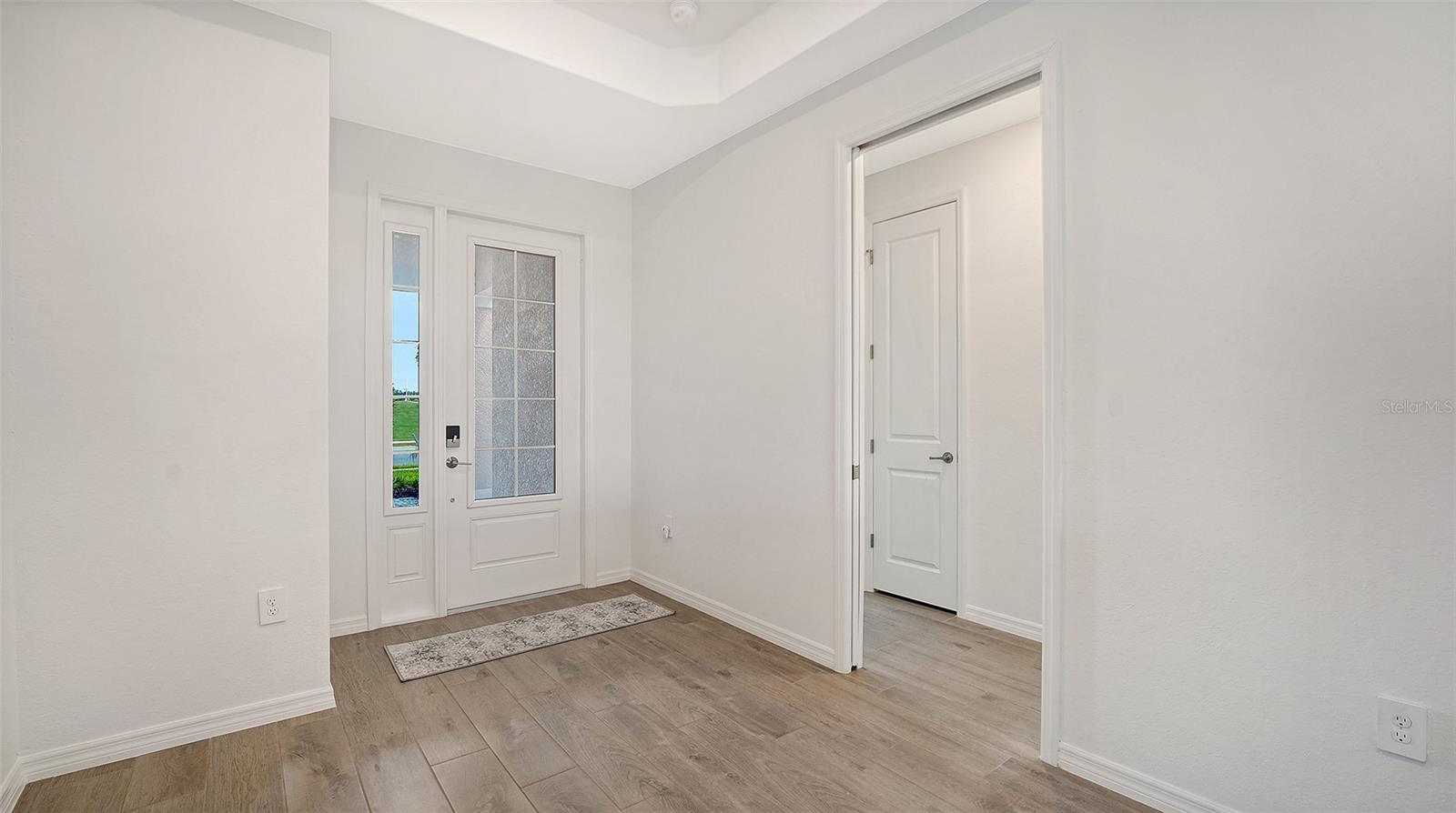 Entry foyer with a glass-paneled front door, sidelight, and light wood-look tile flooring.