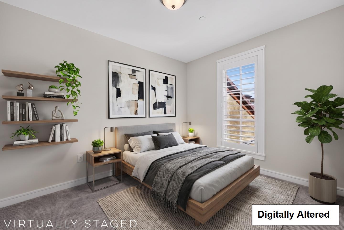 Virtually staged bedroom with a wood platform bed, floating shelves, and a tall shuttered window.