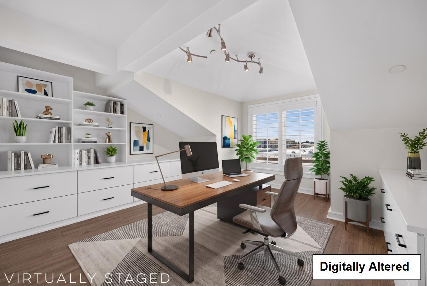 Virtually staged home office with a wood desk, built-in shelving, plants, and shuttered windows.