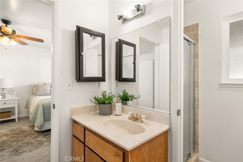 Bathroom vanity with a large mirror and shower, opening onto a bedroom.