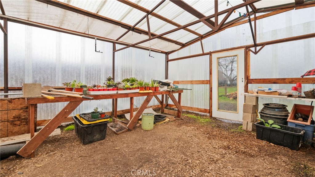 Greenhouse potting area with plant-covered workbenches and a door overlooking the yard.