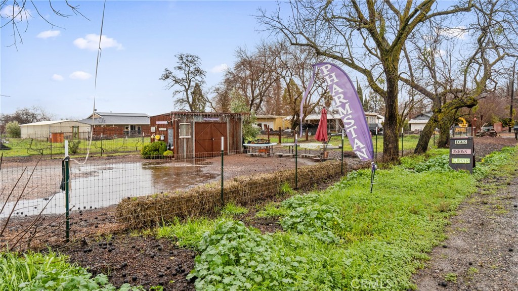 Fenced farm stand with a brown shed, vegetable beds, and a purple PHARMSTAND banner.