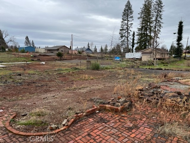 Bare lot with a broken brick patio, fenced properties, and tall trees beyond.