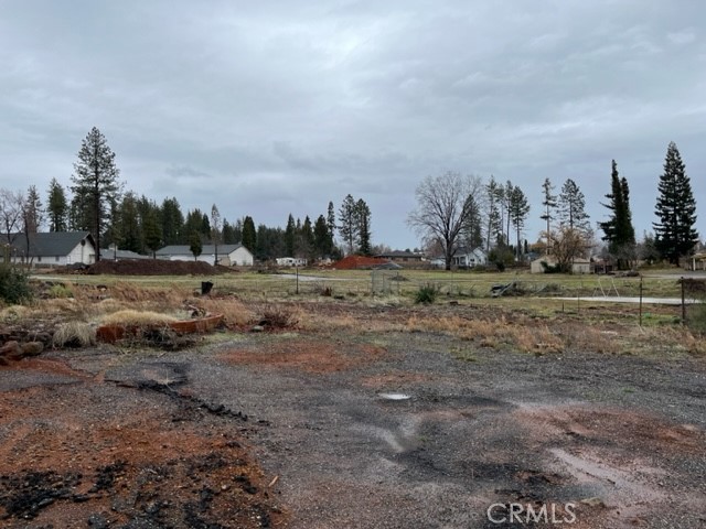 Vacant lot with gravel and sparse grass, neighboring homes, and tall trees in the distance.