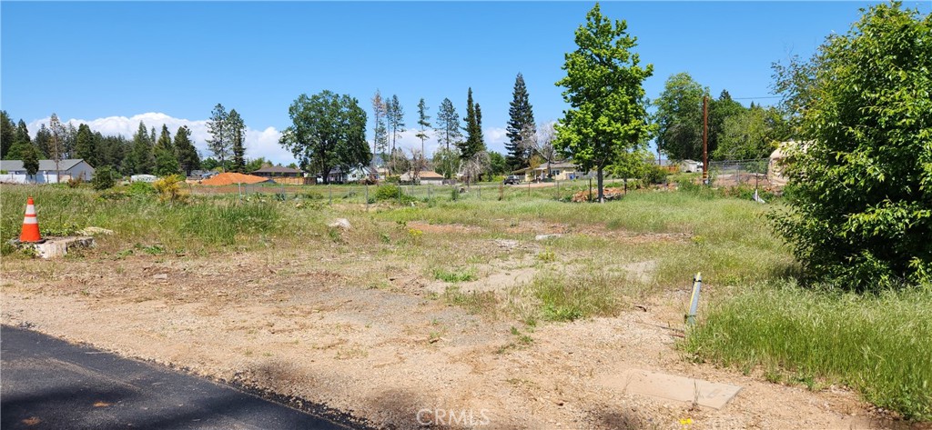 Vacant lot with a cleared dirt area, patchy grass, and trees along the edges.