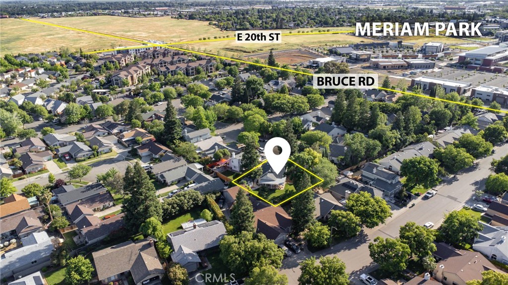 Highlighted Chico home parcel from above, with E 20th Street and Bruce Road labeled.