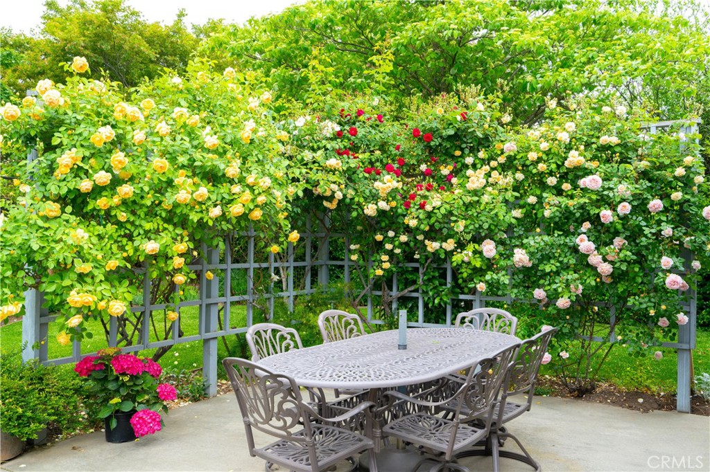 Patio dining set beneath a rose-covered trellis, surrounded by flowering plants and leafy trees.