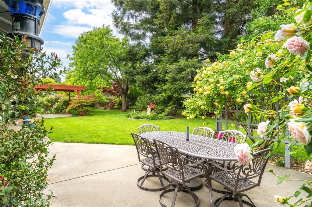 Backyard patio with ornate metal dining set, flowering roses, and a green lawn.