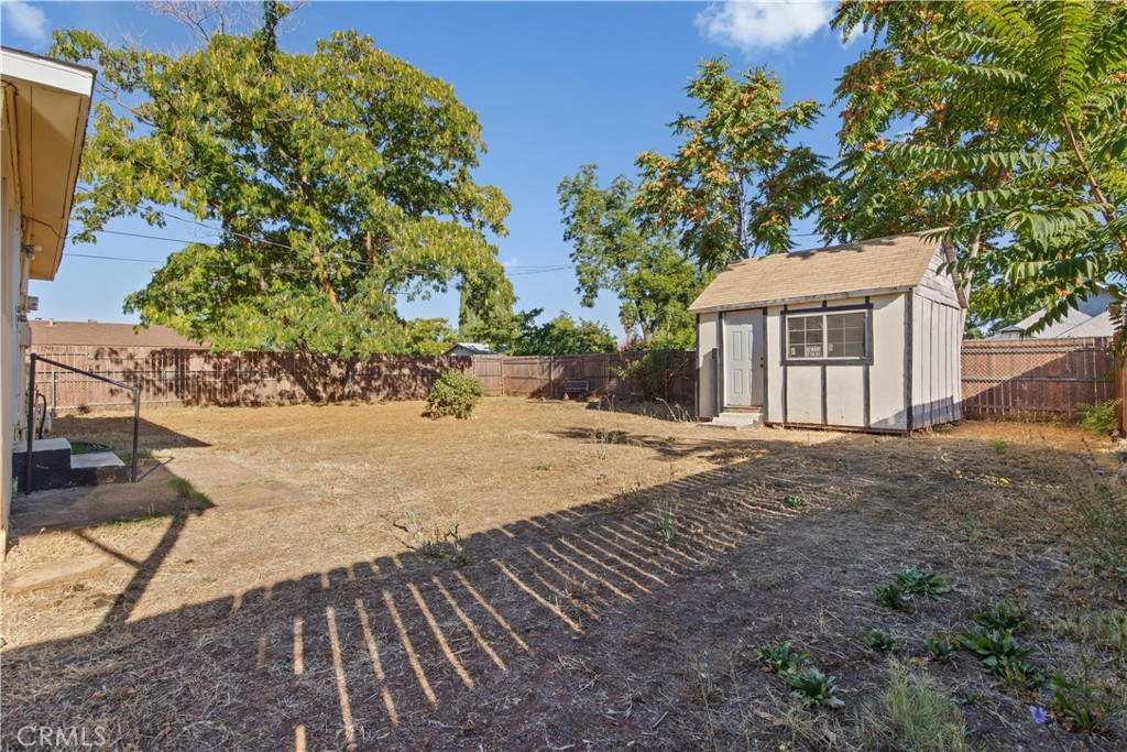 Fenced backyard with a small detached shed, dry grass, and mature trees.