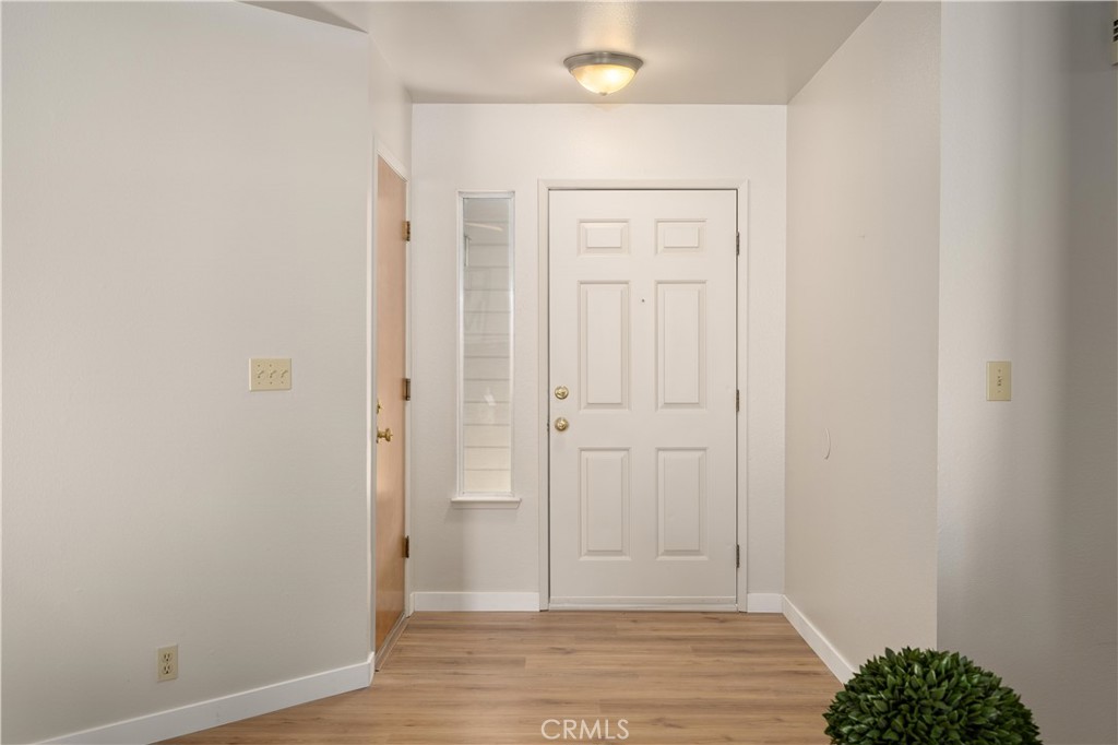 Entryway with a white paneled front door, narrow sidelight, and light wood flooring.