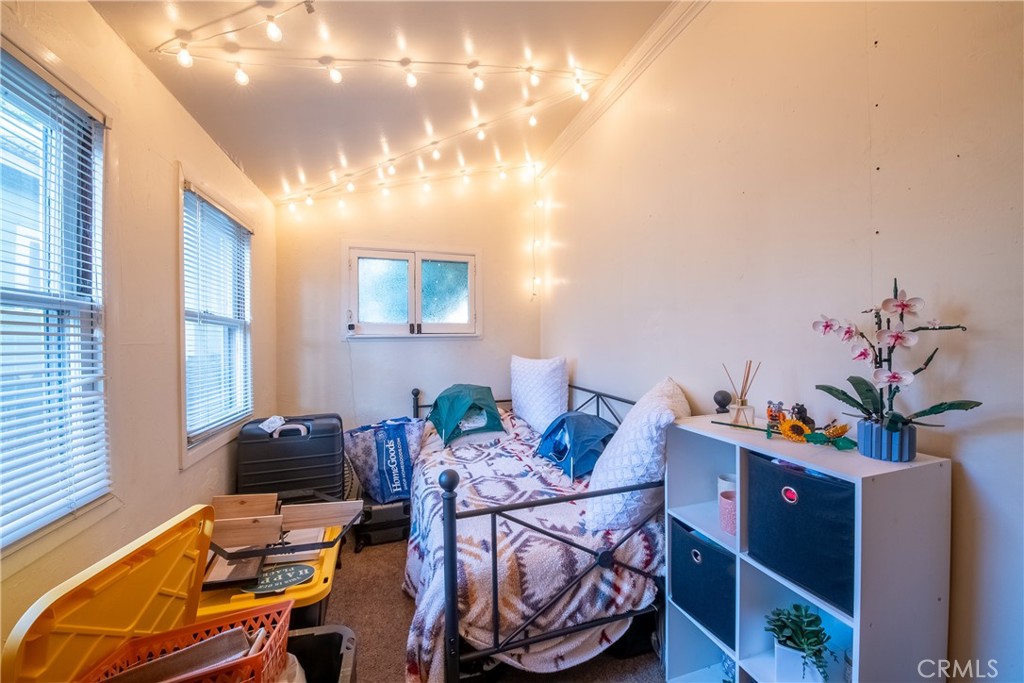 Bedroom with a metal-frame bed, ceiling string lights, two windows, and a white cubby shelf.