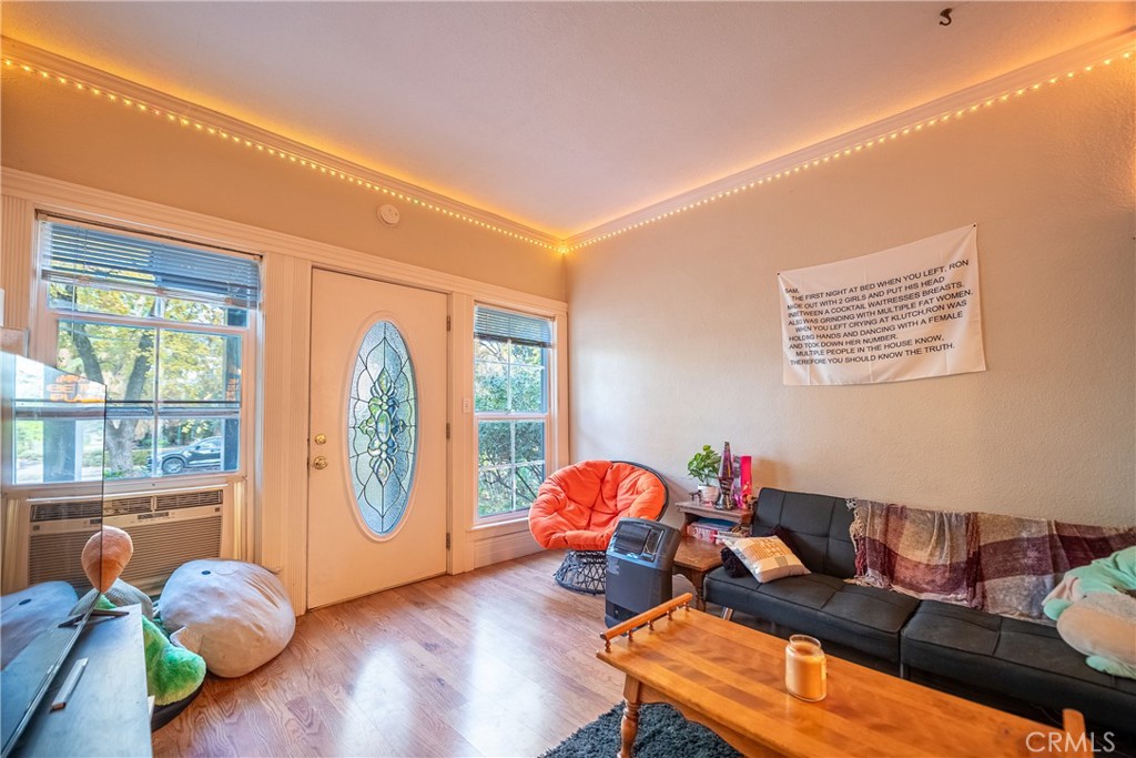 Living room with a stained-glass front door, black sectional, and warm ceiling string lights.