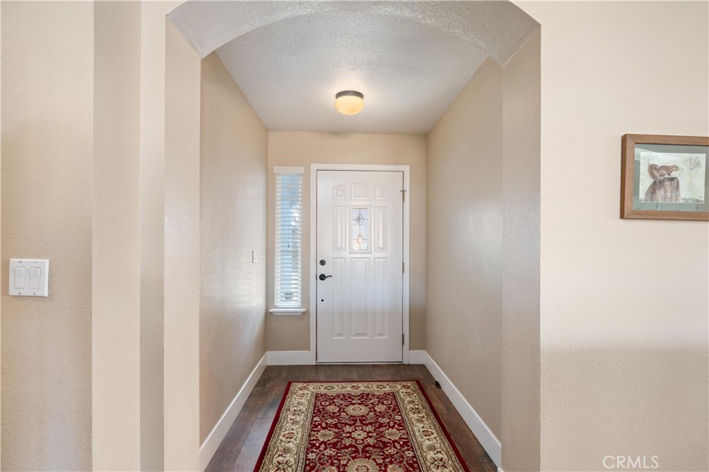 Entry foyer with a white paneled front door, narrow sidelight window, and red patterned runner.