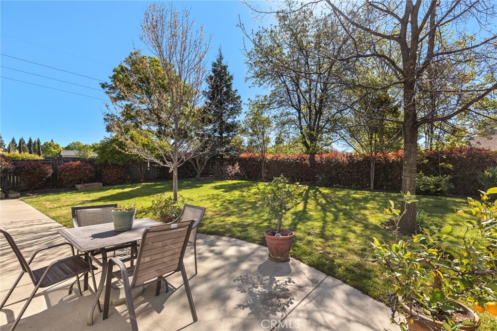 Backyard patio with outdoor dining set, potted plants, lawn, and mature trees.