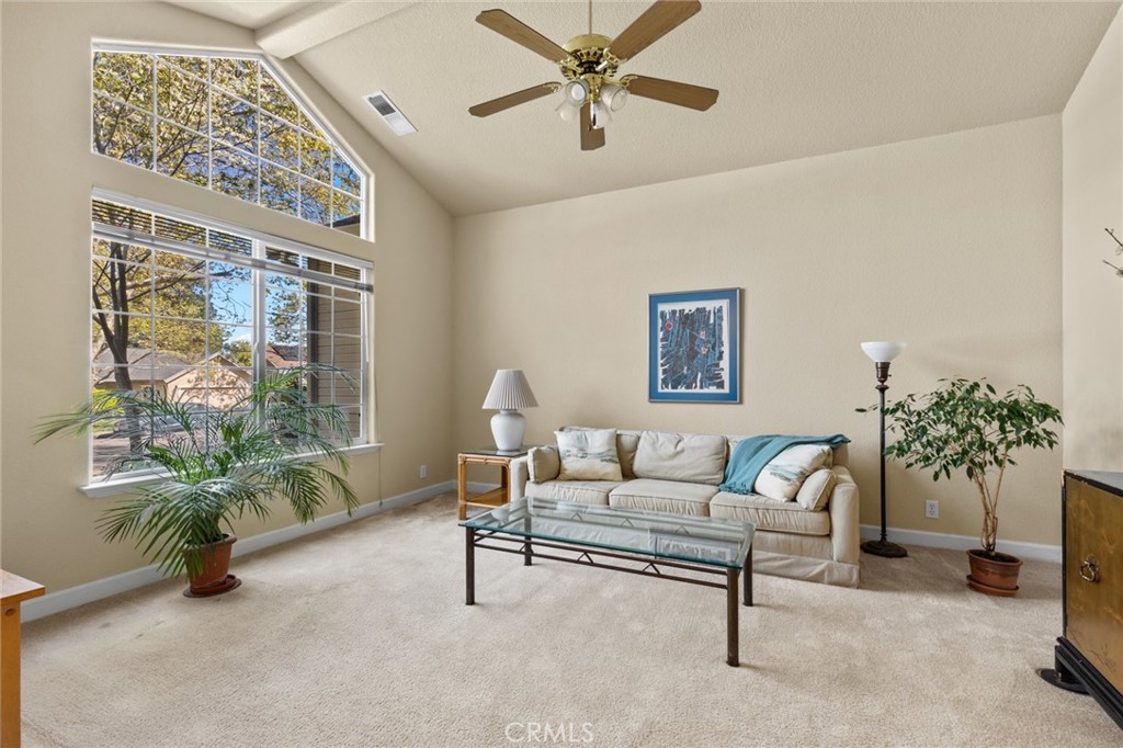 Living room with vaulted ceiling, large windows, cream sofa, glass coffee table, and potted plants.