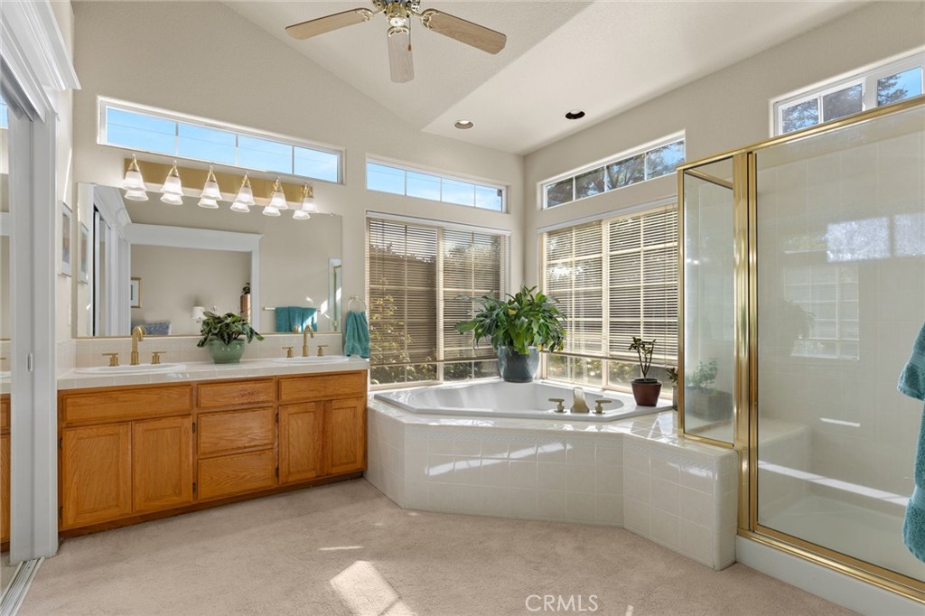 Primary bathroom with a large soaking tub beneath tall windows and a wood vanity.