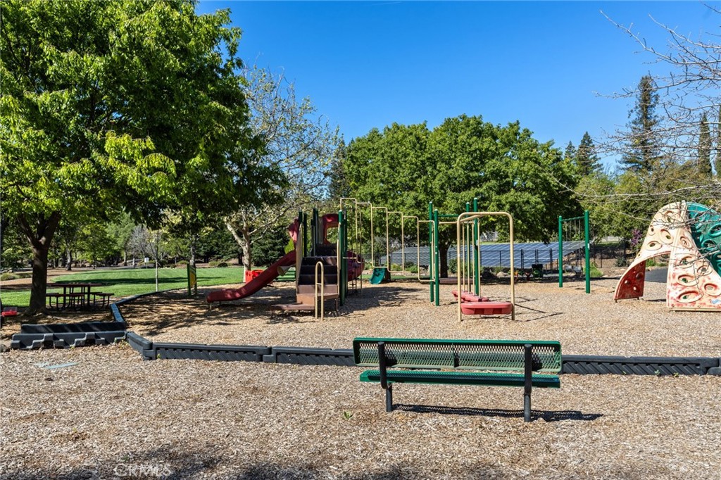 Playground with slides, climbing equipment, and a green bench beneath mature trees.