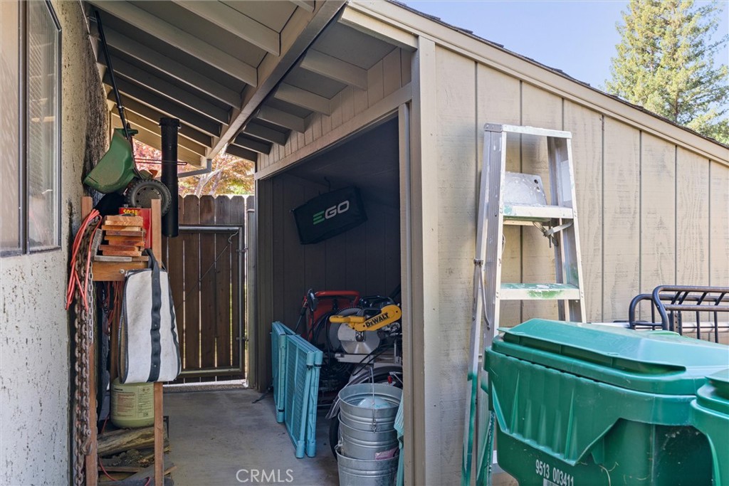 Covered outdoor storage area with an open tool shed, ladder, and green waste bins.