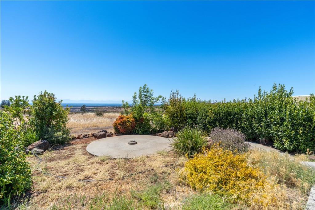 Landscaped backyard with circular concrete patio, ornamental grasses, and open countryside beyond.