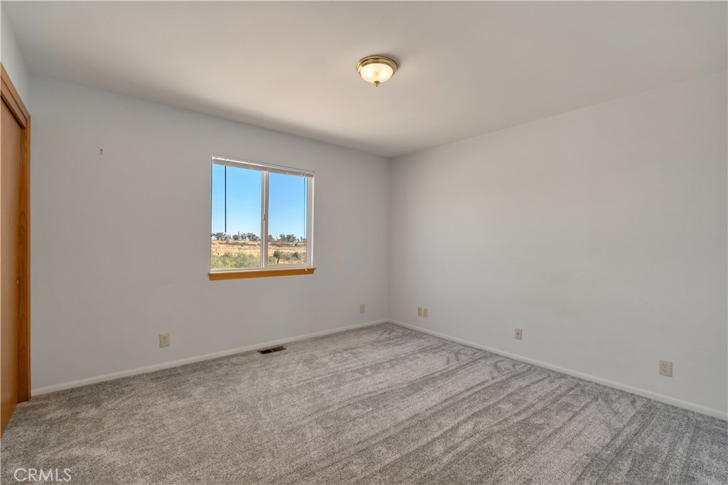 Empty carpeted bedroom with a window overlooking dry, open land.
