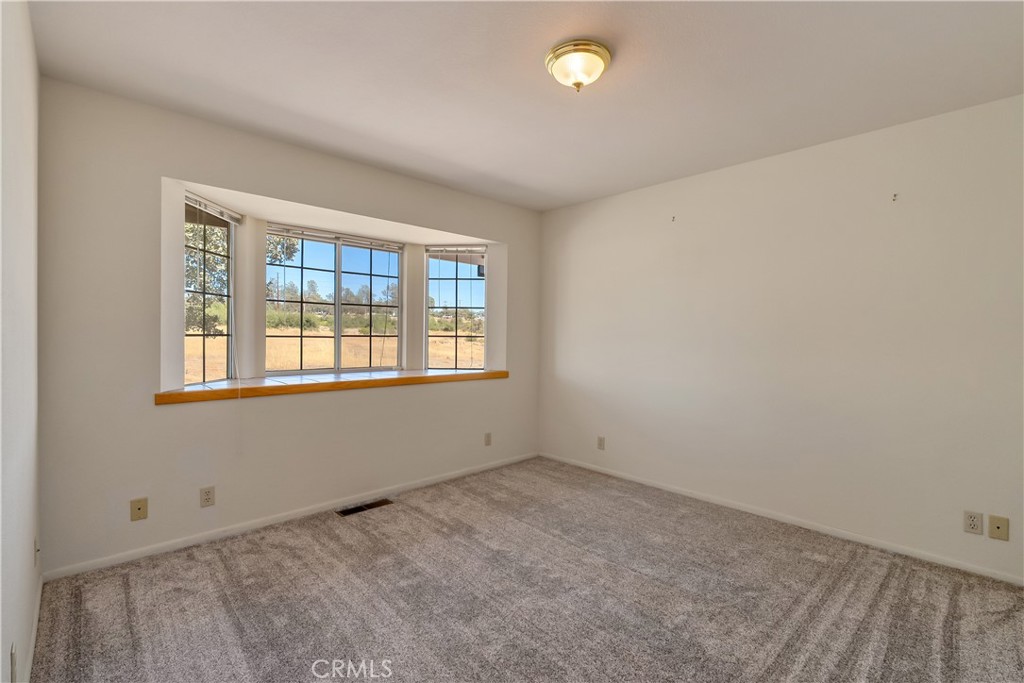 Empty carpeted room with wide windows overlooking a dry yard.